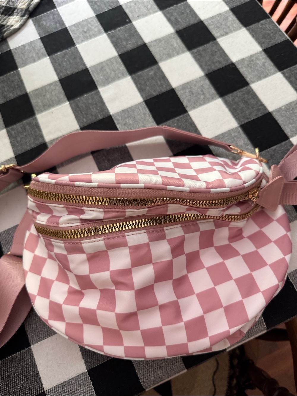 Pink Checkered Crossbody Bag with Dual Gold Zippers